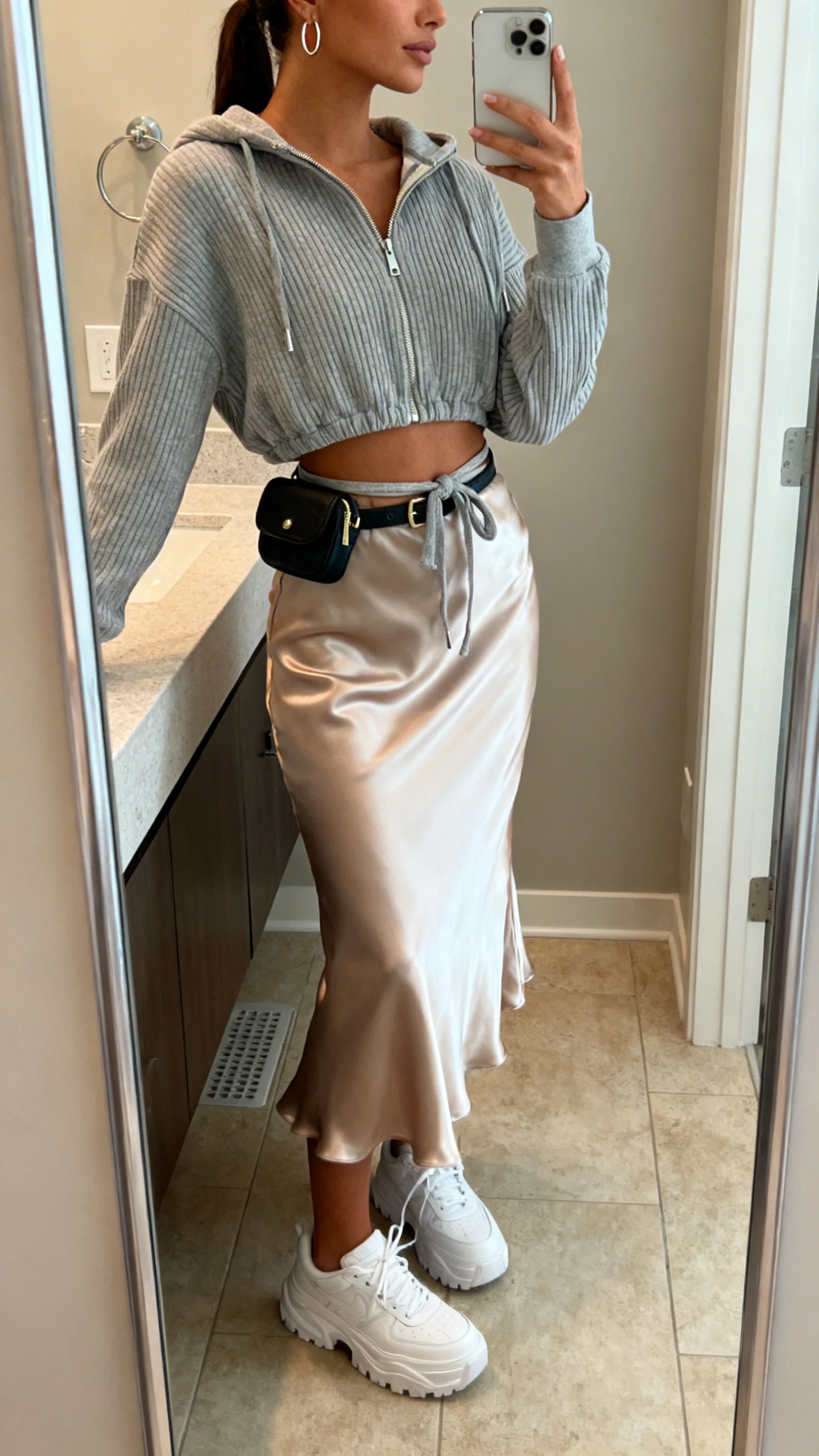 iPhone side-angle mirror selfie of a woman wearing a sporty-romantic slip midi dress with a satin sheen, ribbed cropped zip hoodie tied at the waist, chunky white sneakers, mini belt bag, and slim hoop earrings, face not visible, bathroom mirror, soft indoor lighting, iPhone photo quality.