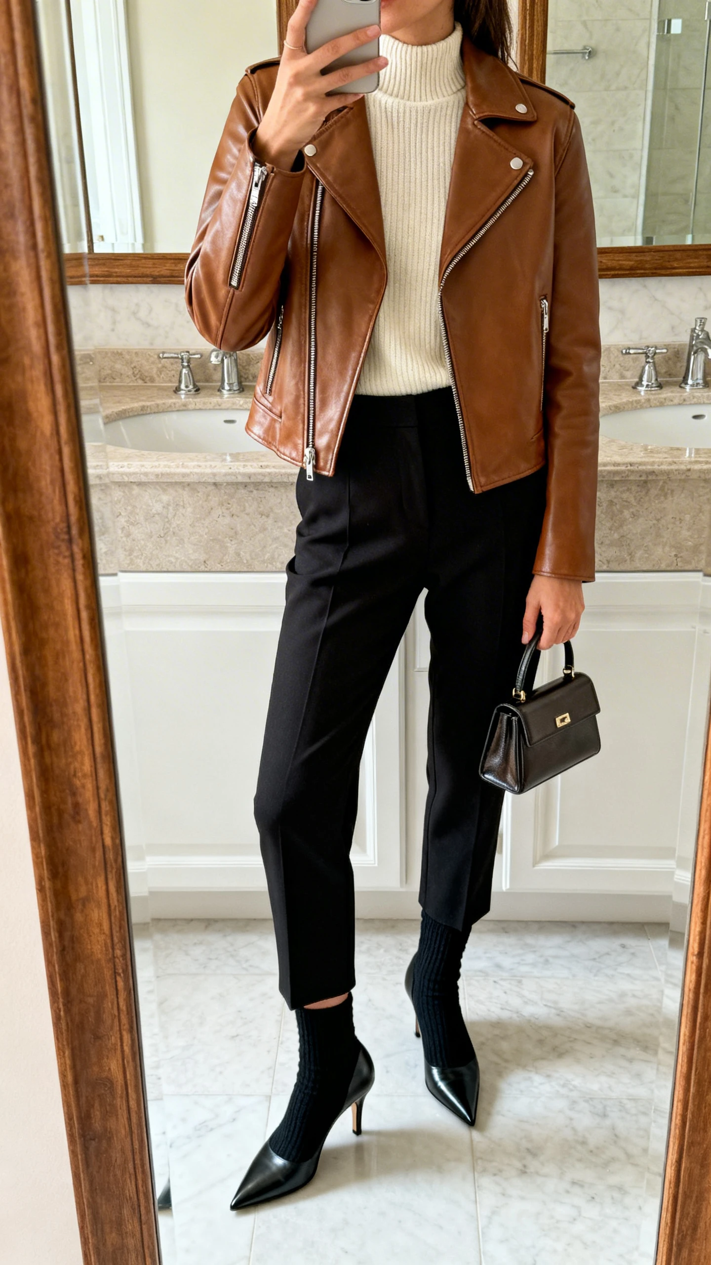 Side-angle iPhone mirror selfie of a woman in a clean brown leather jacket (minimal zips), fine-knit mock-neck top in cream, tailored black ankle-length trousers, sleek pointed-toe heeled sock boots, and a structured mini bag in hand, face not visible, bathroom mirror with soft indoor lighting, iPhone photo quality.