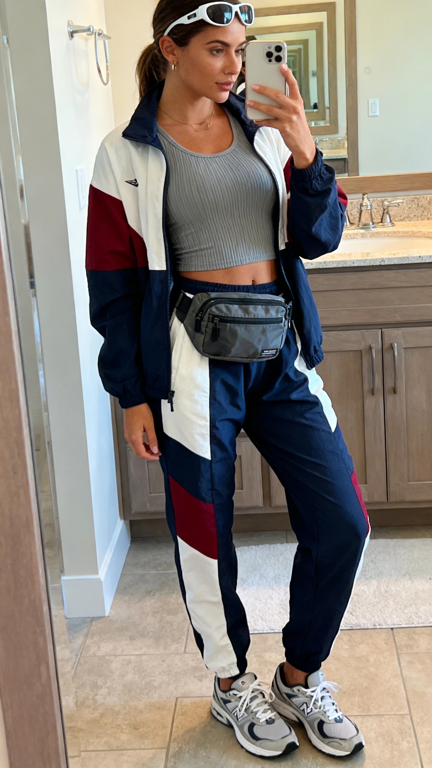 Side-angle iPhone mirror selfie of a woman wearing a color-block track jacket layered over a fitted ribbed tank, matching track pants, retro runners, a nylon belt bag worn crossbody, and sporty sunglasses on head, face not visible, bathroom mirror, soft indoor lighting, iPhone photo quality.